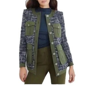 Veronica Beard Fielding Tweed Trim Dickey Blazer 6 Olive Navy Designer Luxury